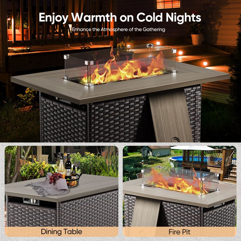 Abbey 4-Piece Wicker Patio Conversation Set With Fire Pit Table & 6-Inch Luxury Cushions Swivel Chairs, Blue, Brown