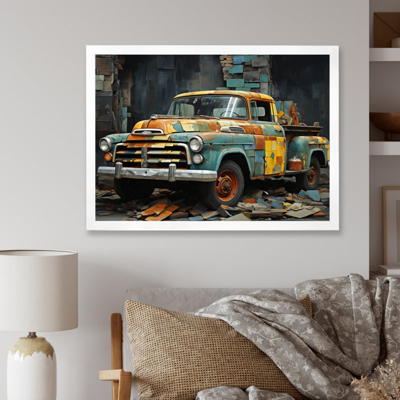 Camionnette Collage Popart, 30" H x 40" W, White Picture Framed