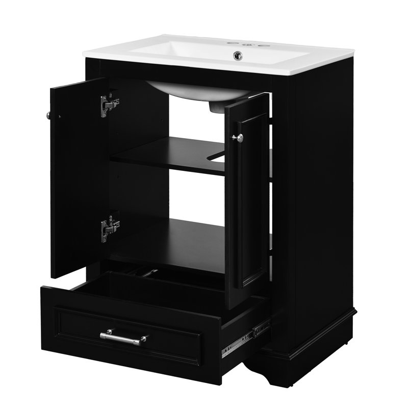 Meuble-lavabo de 24 po avec lavabo en céramique - armoire élégante noire, tiroirs spacieux, poignée argentée, conception moderne de l'armoire de construction, lavabo, charnière, rangement spacieux, fermeture en douceur, élégant