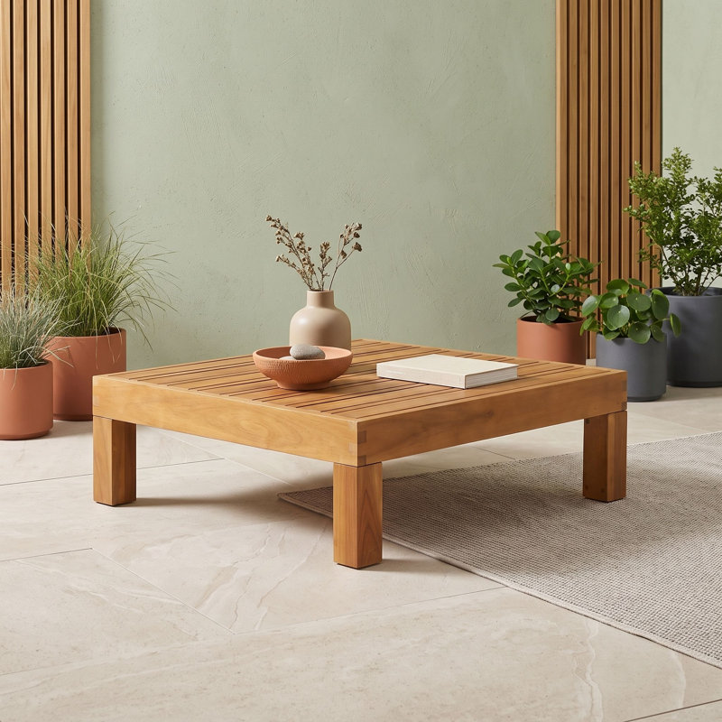 Table basse d'extérieur en bois d'acacia avec panneau à lattes au design moderne, Teck