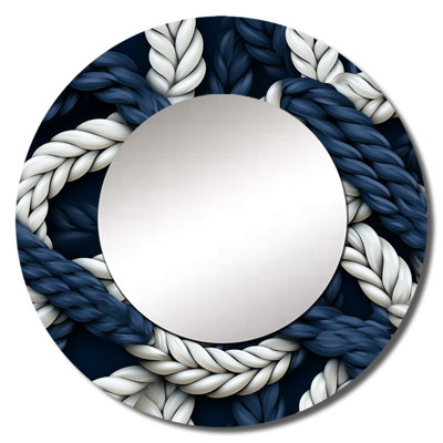 Sharesa Coastal Rope Motifs White And Blue - Coastal Decorative Wall Mirror, Blue Round Mirror, Printed Metal Art