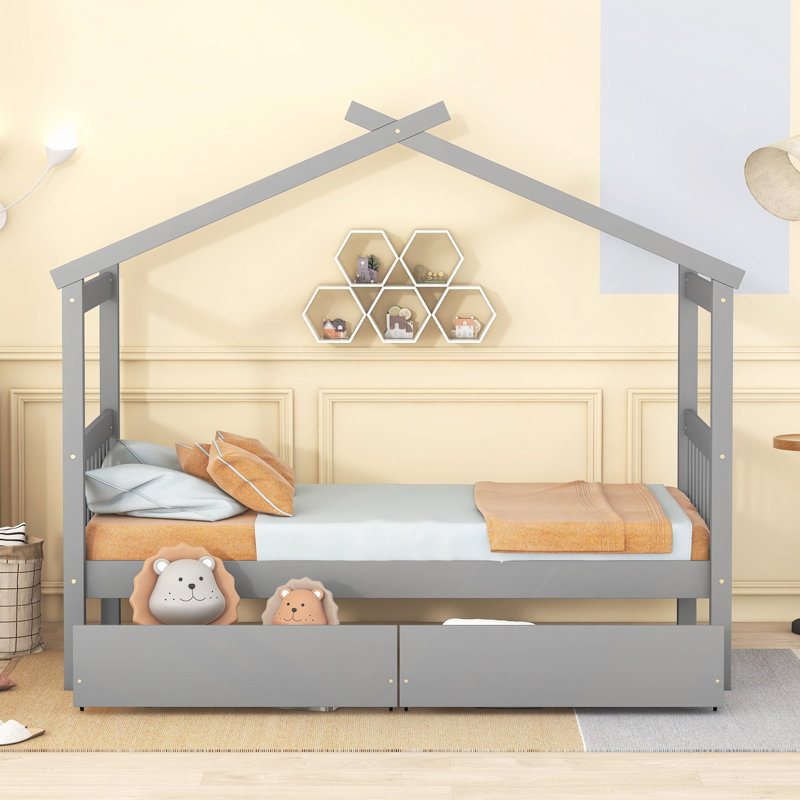 Lit, lit de maison en bois avec tiroirs, Gris