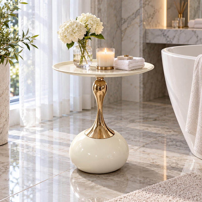 Italian Modern Hourglass End Table, 15.4" Round Iron Tray Top Side Table, White