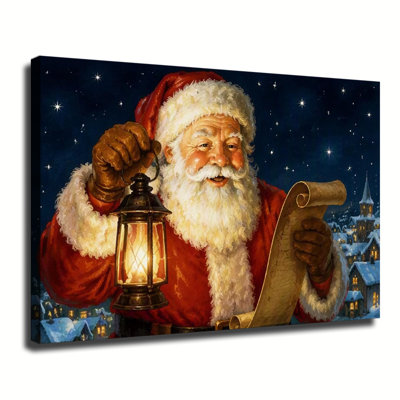 Vintage Santa Claus Holding Lantern And Wish List Scroll, Starry Night Snow Village Background Canvas Wall Art Christmas Decor