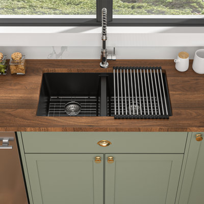 Quartz Kitchen Sink 33"L x 19"W Undermount Granite Composite Workstation Double Bowl Kitchen Sink with Cutting Board,Bottom Grid,Roll-up Rack
