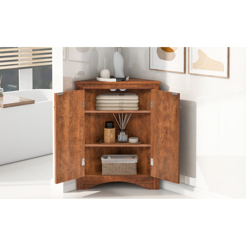 Armoire de salle de bain triangulaire brune avec tablettes réglables, quincaillerie en métal de haute qualité, facile à entretenir, convient aux petites salles de bain, couleur du plancher, tableau, grand rangement, installation