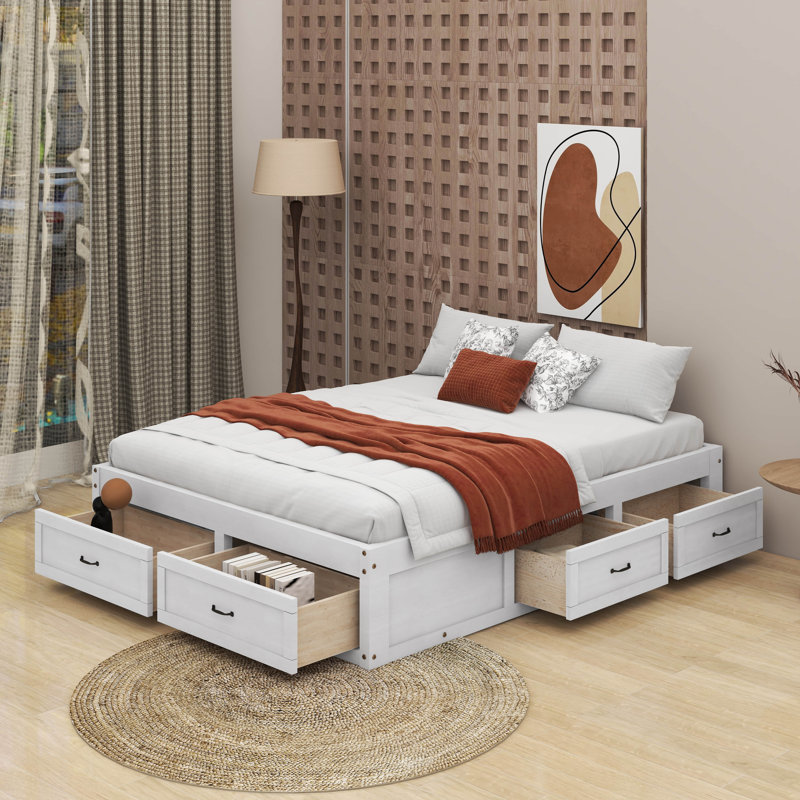 Grand lit plateforme avec 6 tiroirs de rangement, Blanc antique