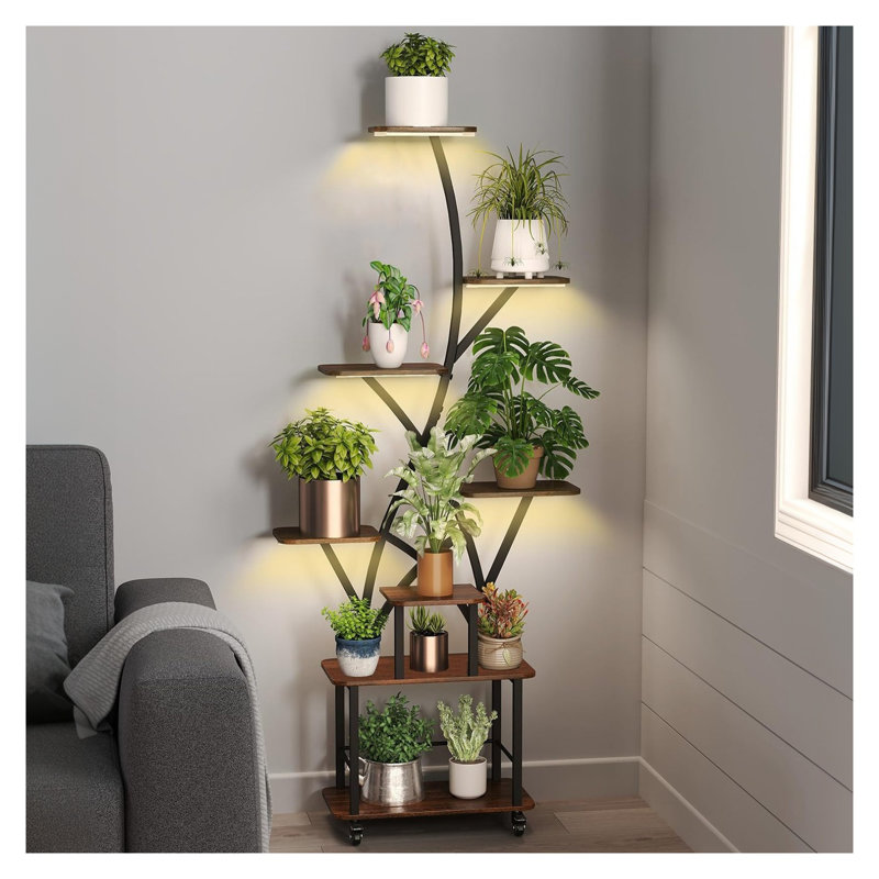 Support pour plante d'intérieur à 8 niveaux avec lumière de culture intégrée, l 29,3 po x H 64,8 po, MDF en noyer et tablette en métal pour le salon