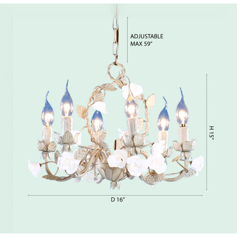 Lustre doré 6 lumières avec douilles blanches et roses