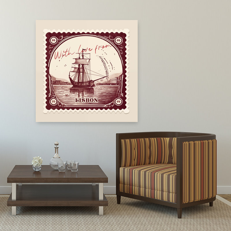 «Lisbon Sailing Ship Stamp», rétro, architecture traditionnelle de ville, impression d'art mural, 48" H x 48" W