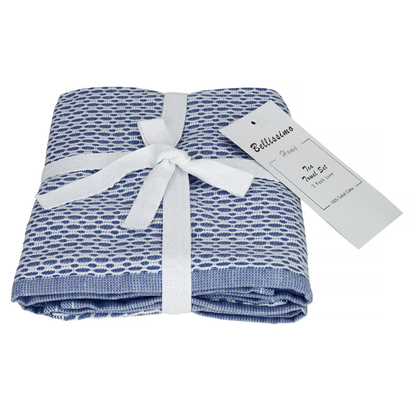 Cotton Waffle Kitchen Towel Linen Set, White/Blue