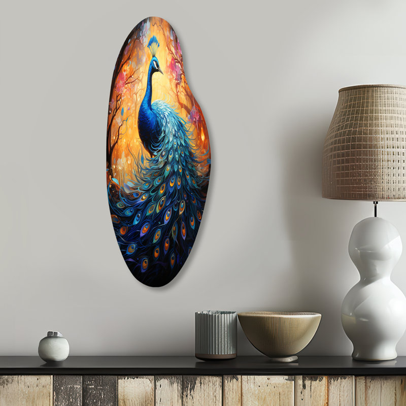 «Blue Peacock Luminous» - Décoration murale irrégulière en forme de paon en métal, H 30 po x l 11 po