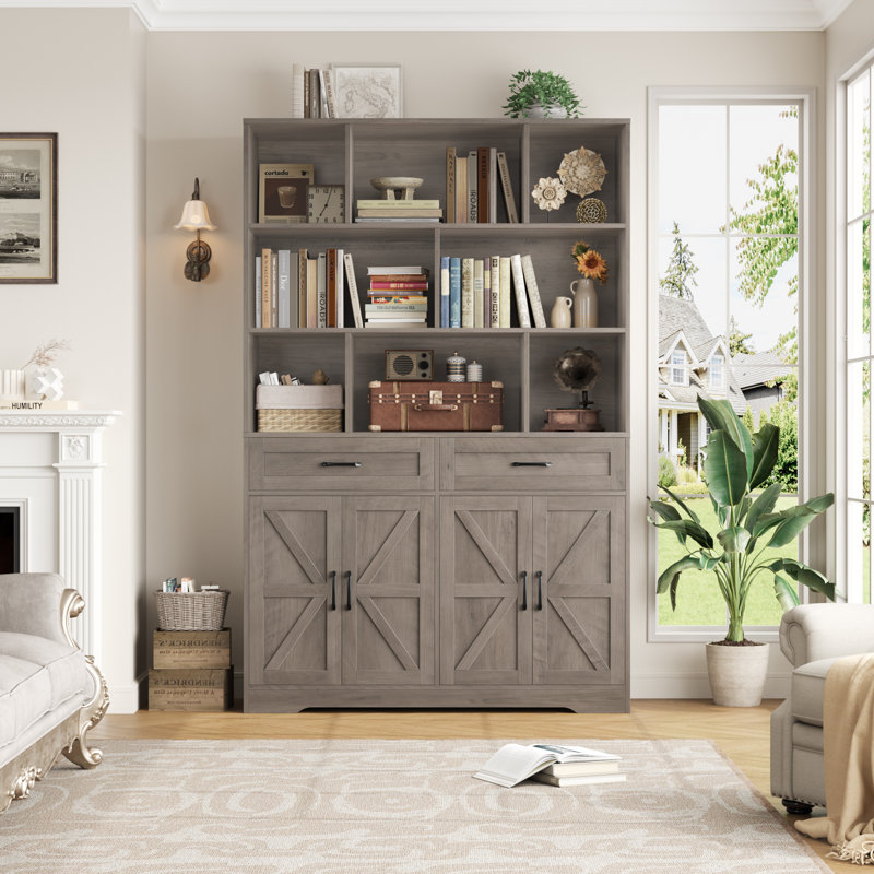 71'' H Bookcase With 2 Drawers, Rustic Grey