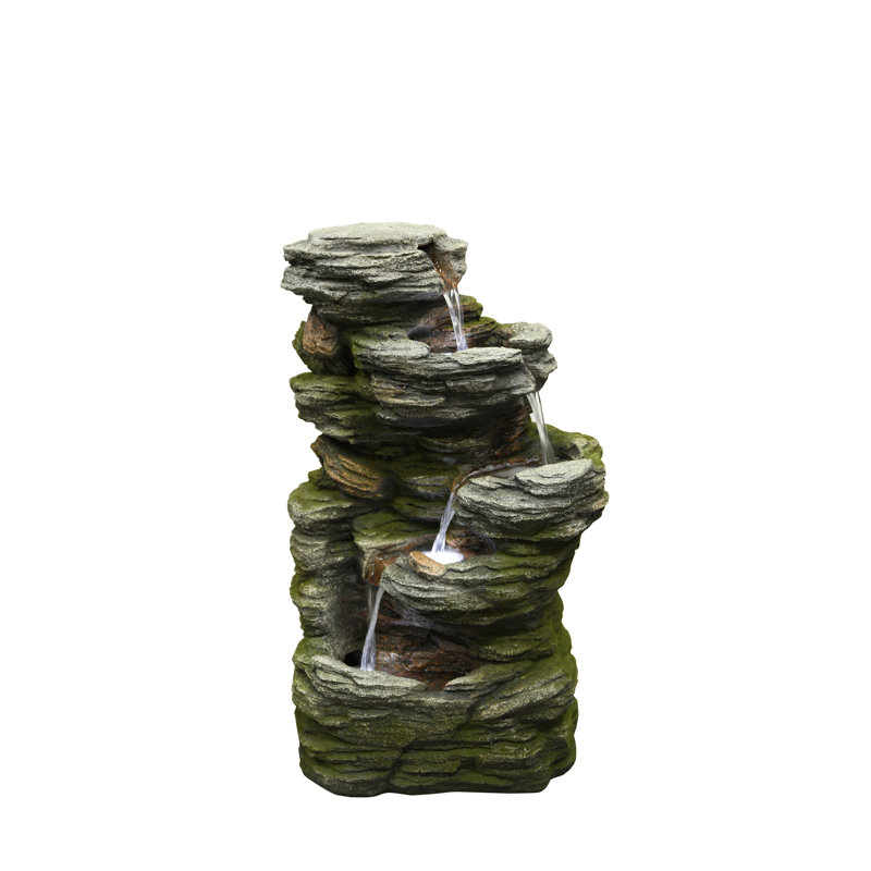 Multilevel Stone Outdoor Fountain with Cool White LED Lights