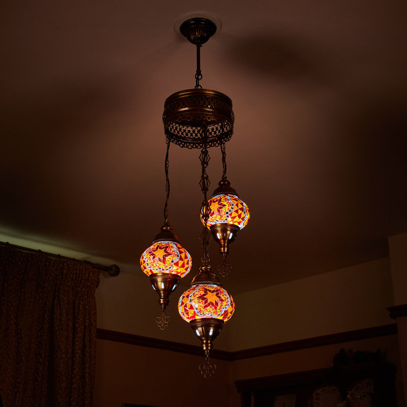 Karlie 3 - Light Antique Bronze Cluster Pendant, Red/Orange