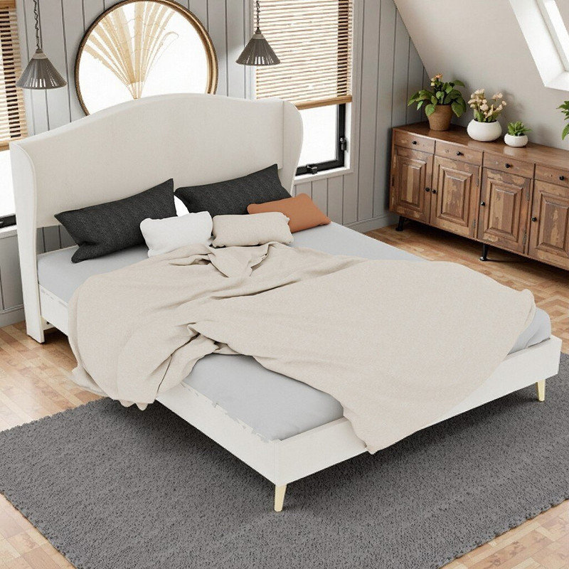 Lit double / grand tapissier avec tête de lit capitonnée, structure de plateforme robuste, Beige, Grand lit
