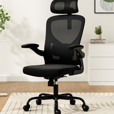 Ergonomic Office Chair With Flip - Up , , And Breathable Mesh, Black, Easy Assembly Adjustable Desk Lumbar Support, Comfort For Long Sitting