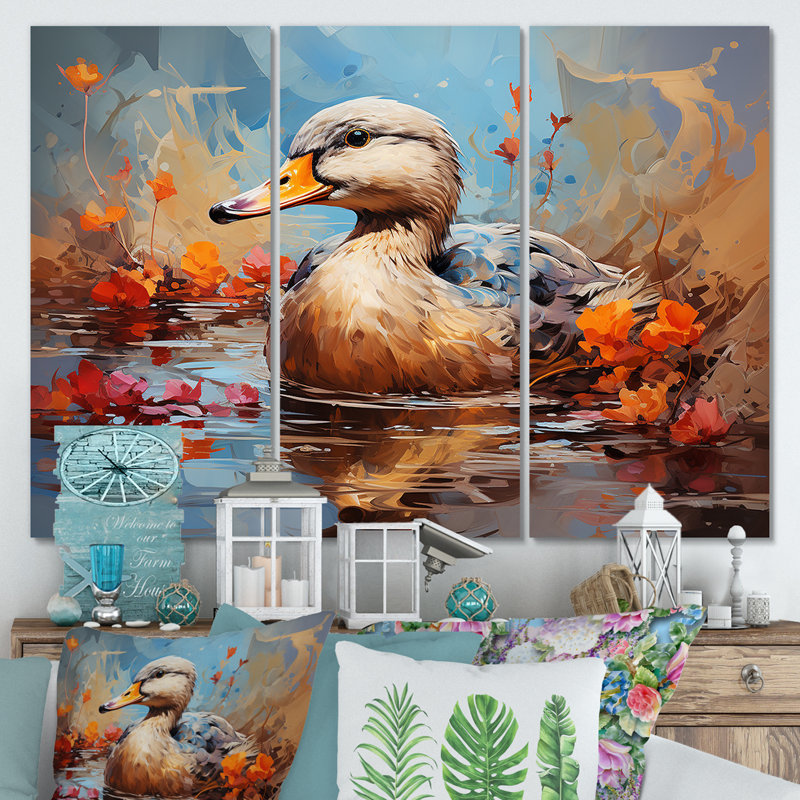 «Blue and Brown Duck In Pond I», art mural animal canard, H 28 po x l 36 po