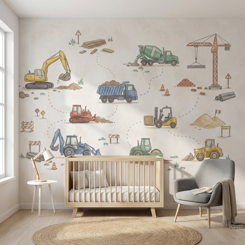Mur de véhicules de construction, 140" x 108", Peler et coller