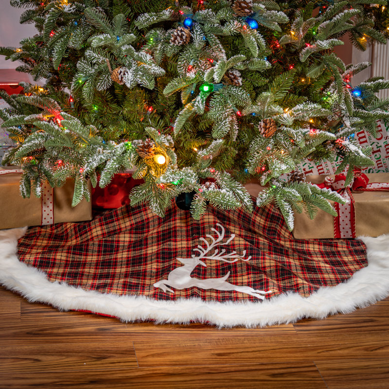 Red and White Faux Fur Plaid Tree Skirt with Reindeer Applique