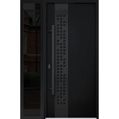 Porte d'entrée extérieure prémontée en acier Deux 6078, émail noir, fenêtre latérale extérieure, imposte, métal peint, style moderne, largeur 36+14 po x hauteur 80 po, ouverture à droite vers l'intérieur