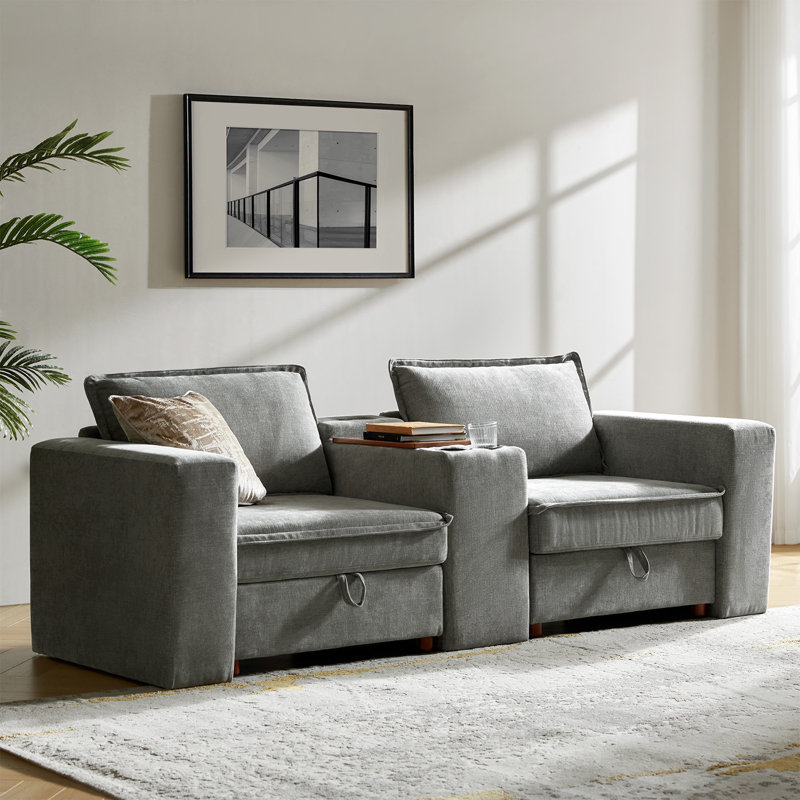 Bessette 88” Modern Storage Sofa With Charging Station And Middle Storage Compartment, Gray