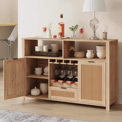 51" Rattan Buffet Cabinet with Removable Wine Rack & Glass Holders, Boho Farmhouse Storage Sideboard for Kitchen Dining Room Entryway, Natural by Bay Isle Home