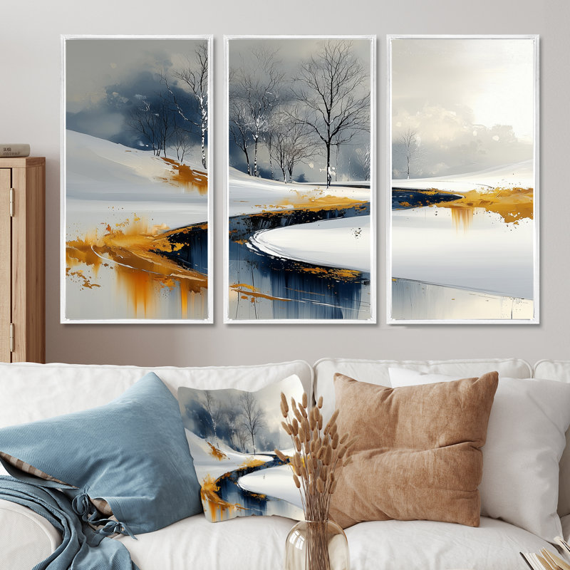 «Gold Frosted Morning I», ensemble d'art mural de Noël, Toile encadrée flottée blanche, H 32 po x l 48 po x P 1 po