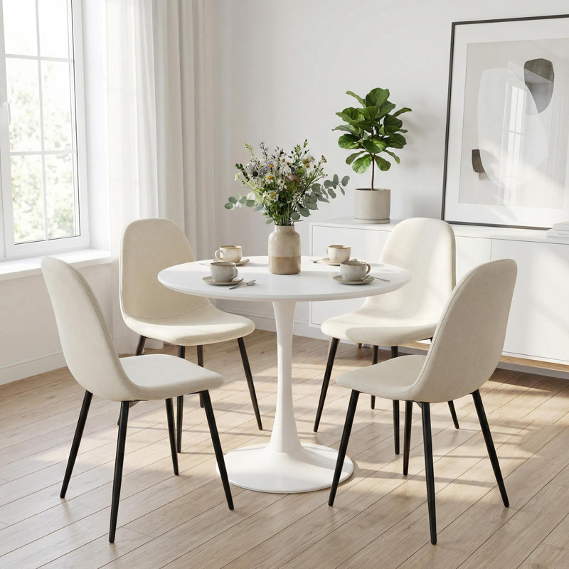 5-piece Mid-century Modern Dining Set, 31.5" Round Dining Table With 4 Beige Linen Upholstered Chairs