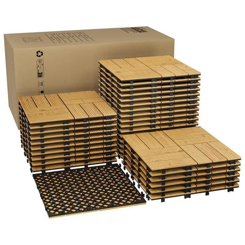 Carreaux imbriqués en bois d'acacia 12 po x 12 po, 33 pièces en bois massif pour terrasse et jardin, Brun