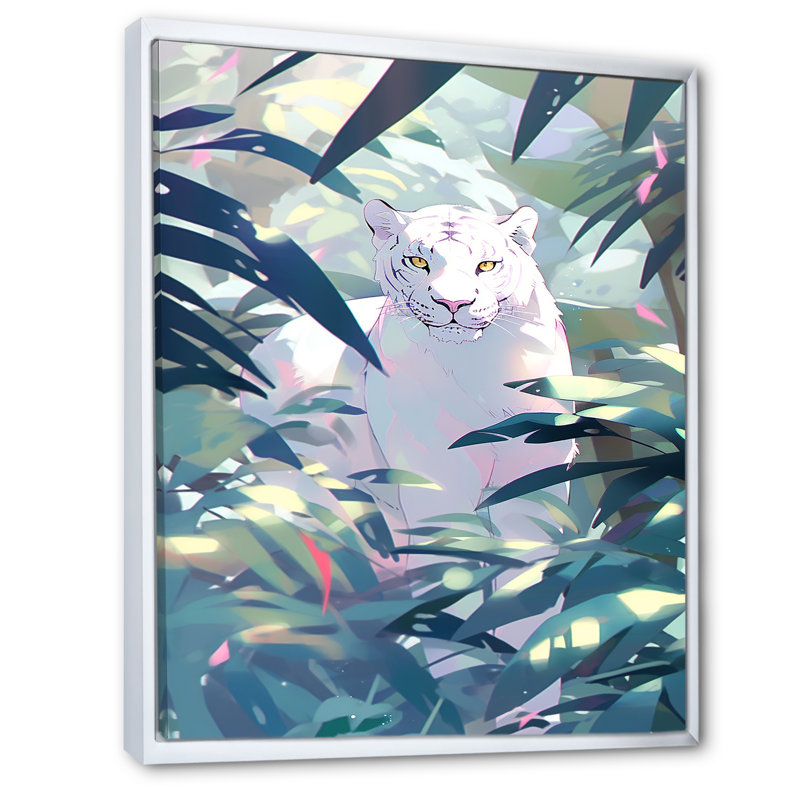 Cougar blanc dans la jungle tropicale sur toile, Cadre flottant blanc, H 32 po x l 24 po