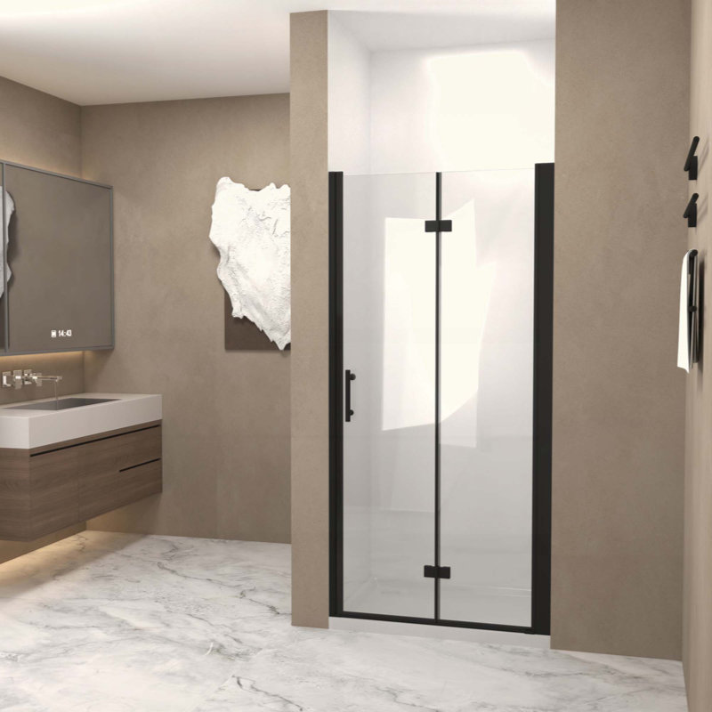 Bifold Shower Door, 1/4"(6Mm) Tempered Glass, Aluminum Frame, Explosion Proof Film, Matte Black