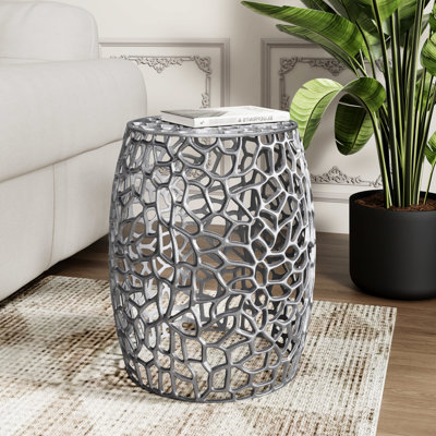 Handmade Gold Aluminum Drum Accent Table, Abstract Mesh, Lightweight Frame, No Assembly Required Modern Table With Unique Textured Stable And , 15 Inches Wide, 20.5 Tall,