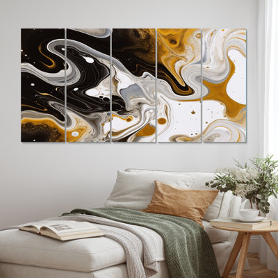 Vague de marbre doré et noir V - art mural sur toile Fractals - 5 panneaux égaux