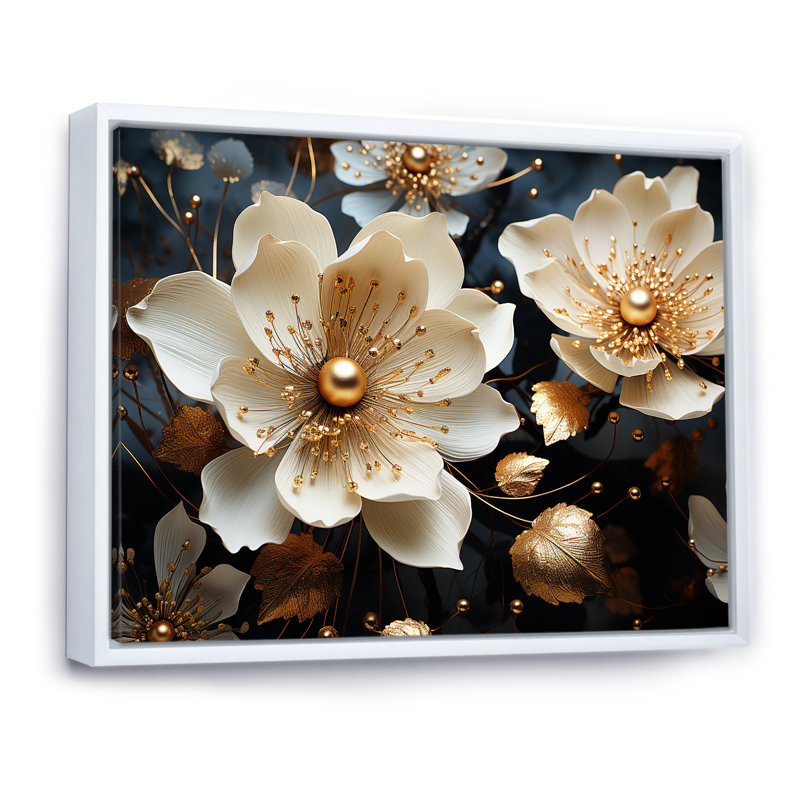 Golden Lotus Tranquility sur toile, Cadre flottant blanc, H 12 po x l 20 po
