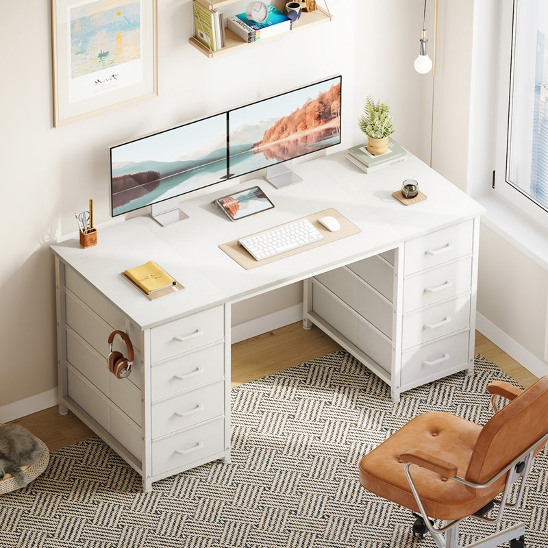 Modern White Vanity Desk With 8 Fabric Drawers, Multifunctional Makeup & Writing Table For Bedroom
