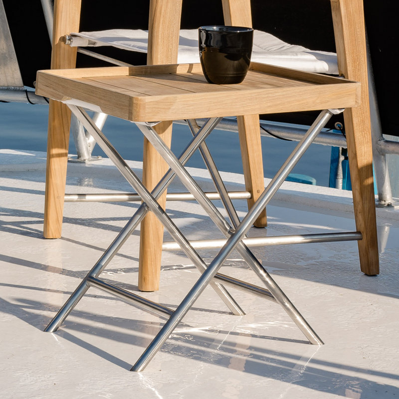 Square Teak and Metal Outdoor Folding Side Table