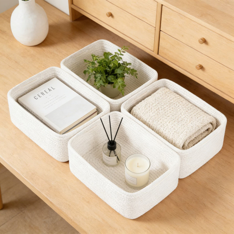 Woven Storage Baskets Set Of 4, Cotton Rope Organizer Bins For Shelves, Decorative Baskets For Living Room, Nursery, Bedroom, Books, Toys, And Clothes