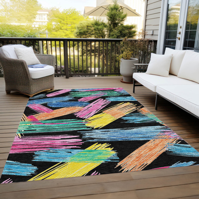 Machine Washable Indoor/Outdoor Cinead ACN1696 Black Rug, Rectangle 10' x 14'