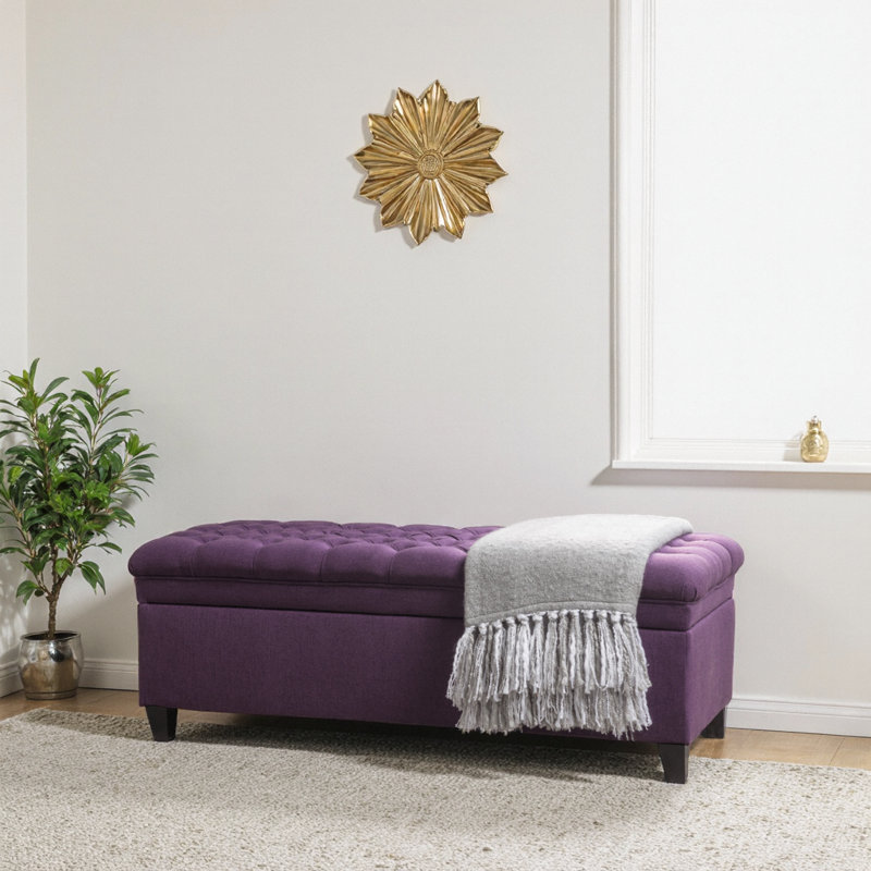 Repose-pieds en tissu bleu clair avec pieds en bouleau, assise 50 po et rangement caché, Mauve