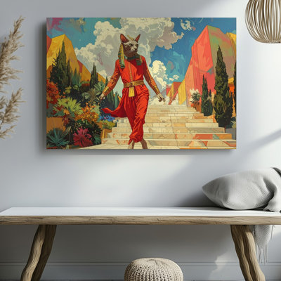A Surreal And Colorful Digital Painting Depicting A Humanoid Cat Figure Walking Canvas Wall Art Premium Quality Ready To Hang Modern