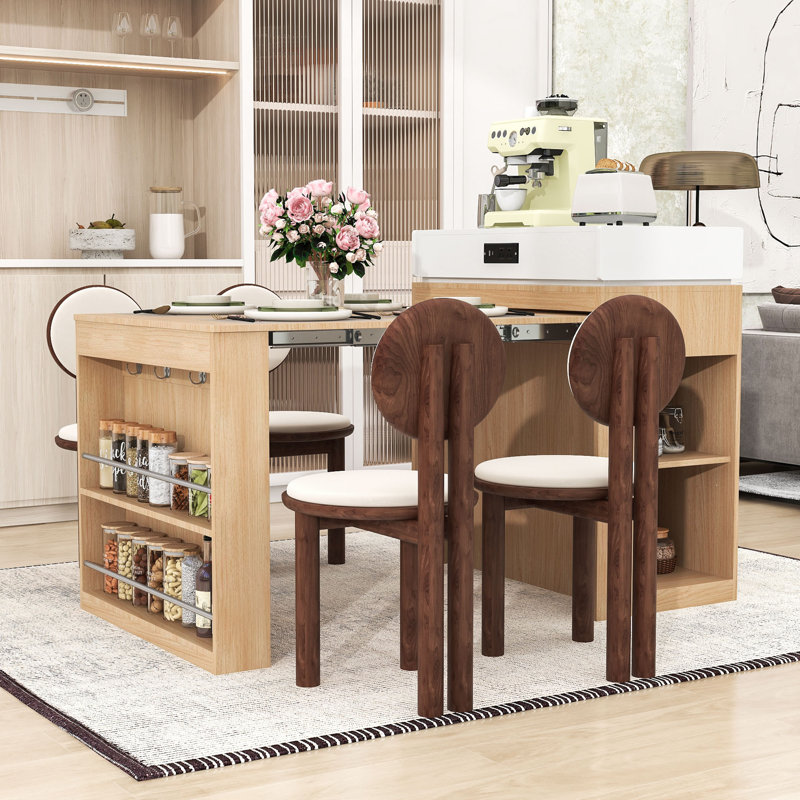 Extendable Kitchen Island Dining Table with Folding Top, Power Outlet, Drawers and Hidden Casters, Natural
