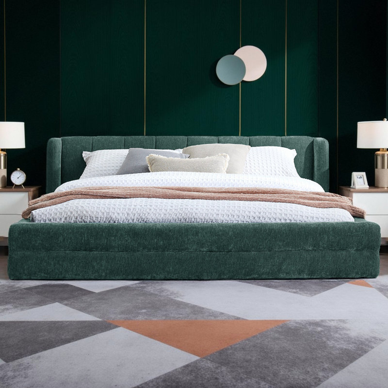 Queen Size Upholstered Platform Bed – Chenille Fabric Bed Frame with Headboard, No Box Spring Needed, Green