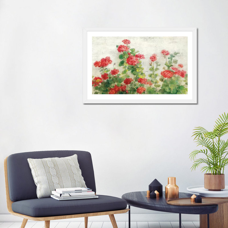 "Géraniums rouges on White" par Danhui nai, reproduction d’art, Blanc, Papier encadré blanc, H 24 po x l 32 po x P 1 po