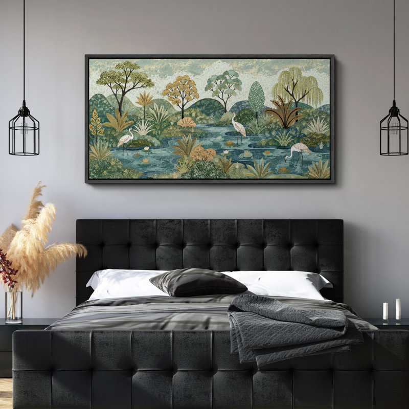 «Serene Garden Pond Landscape with Cranes And Lush Greenery», impression murale sur toile encadrée, Noir