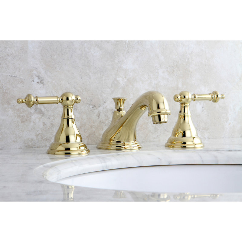Kingston Brass Two-Handle 3-Hole Deck Mount Widespread Bathroom Faucet with Brass Pop-Up Drain, Polished Brass