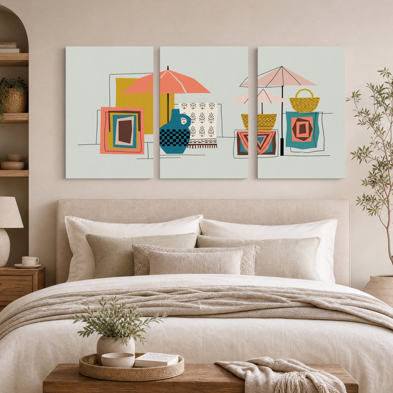 Ensemble de 3 toiles murales représentant des parasols et un panier de plage de style moderne du milieu du siècle