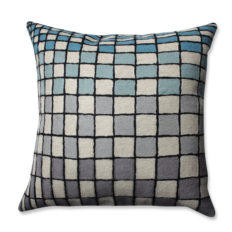 Checkerboard Grey-Blue-Cream Embroidered Square Throw Pillow