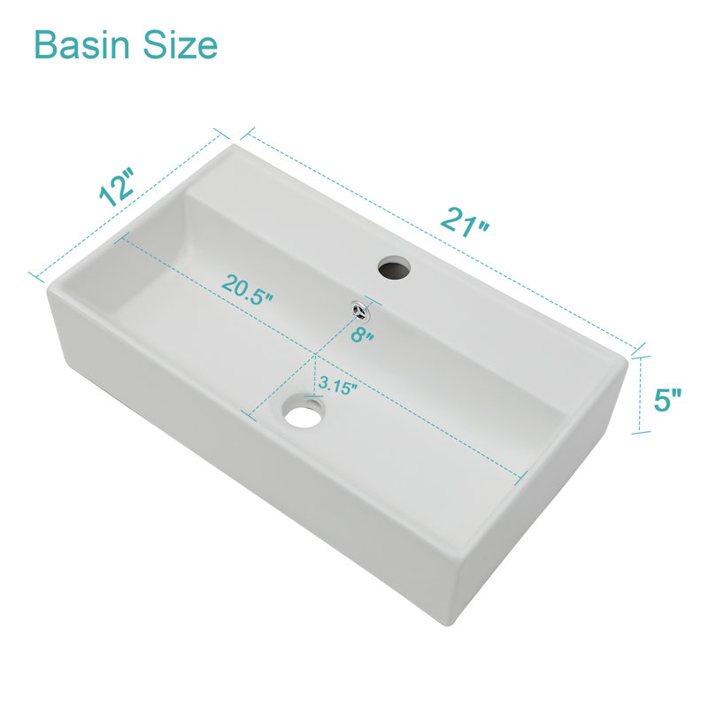 21" L x 12" W Ceramic Wall Mount Bathroom Sink, Rectangular Vessel Sink with Gold Towel Rail and Gold Faucet, Gold