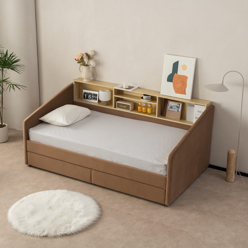 Lit de jour simple avec tablette et tête de lit tapissier 2 tiroirs Guisselle , Brun